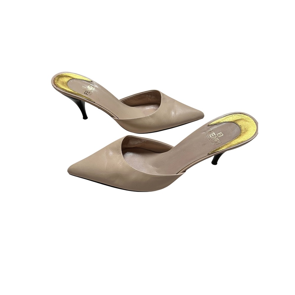 Vintage Fendi Women Beige Leather Pointed Toe Mule Heels Size 39 Y2K Luxury